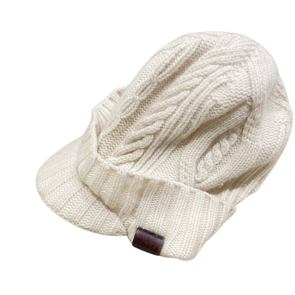 Roots cashmere blend ivory cable knit hat front rim leather logo tab one size - Picture 1 of 4